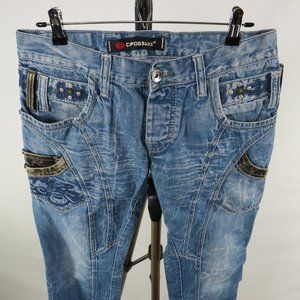 Men's Blue Washed Denim Jeans 32 x 34 leather embellishment studded cipo & baxx
